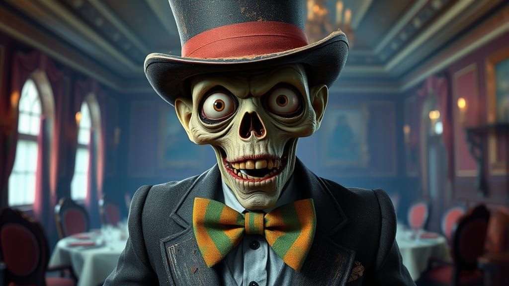 Deadly Elegance: A Torn Tuxedo Zombie in a Fancy Dining Room