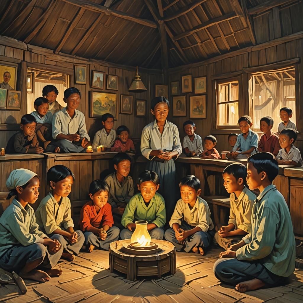 Impressionist Village Scene with Children Storytelling