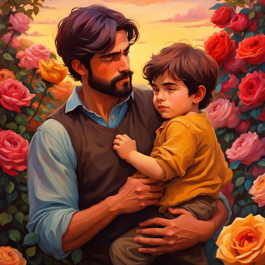 Father and Son in Rose Garden, Anime Style