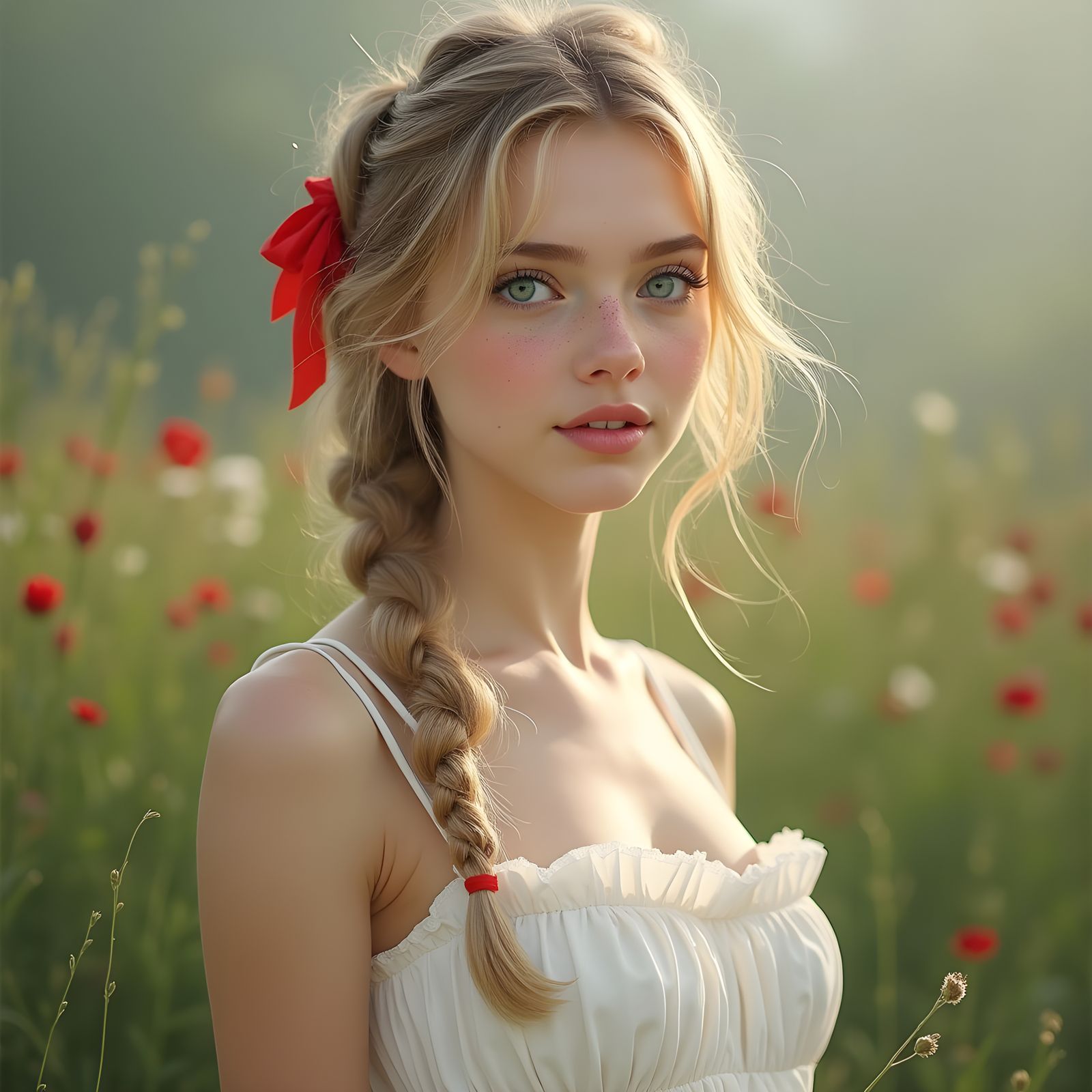 Realistic Full-Body Photo of a Blonde Girl in White