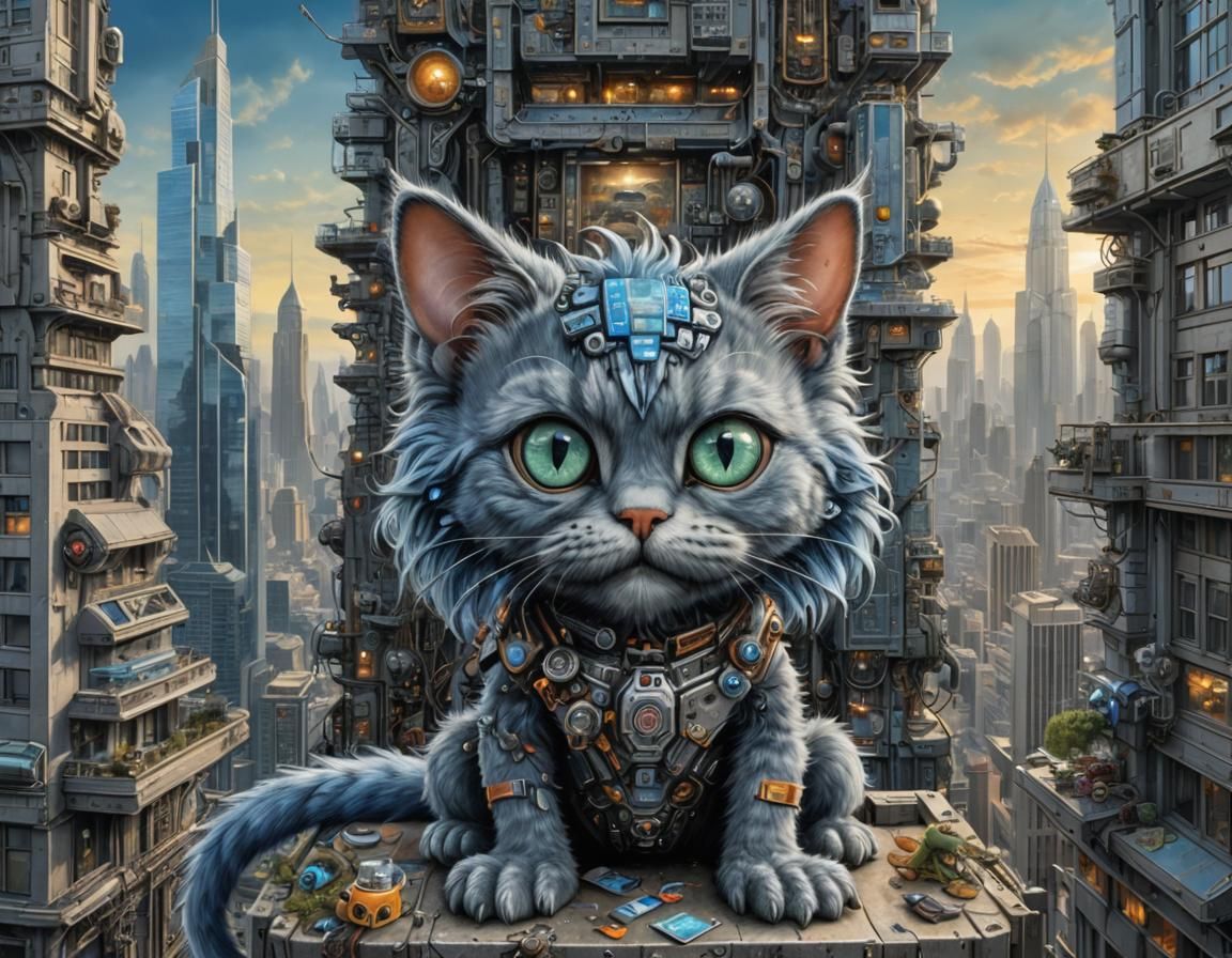 Cyborg pets: Cute futuristic cyborg Russian Blue cat