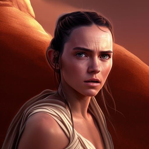 Rey in Desert Landscape: Hyperrealistic Matte Painting