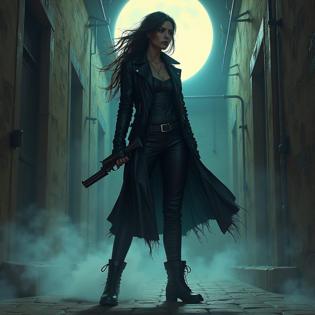 Mystical Alleyway Woman with Revolver, Simon Stalenhag Style