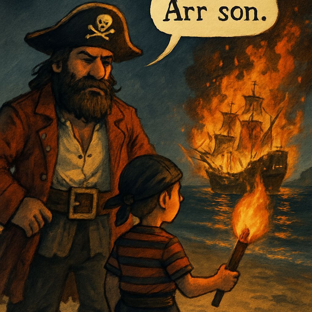 Pirate Dad and Child Watch Burning Ship