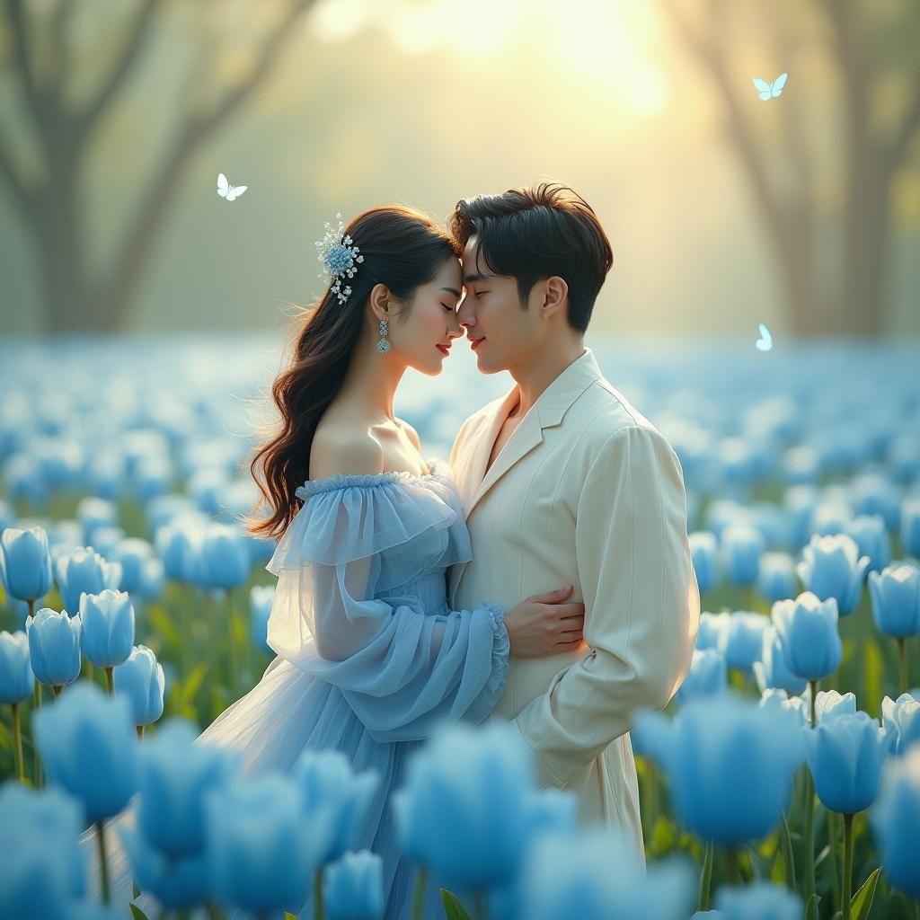 Romantic Couple in Blue Tulip Garden: Matte Painting