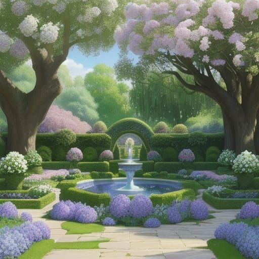 Serene Garden Oasis in Dreamy Impressionist Style