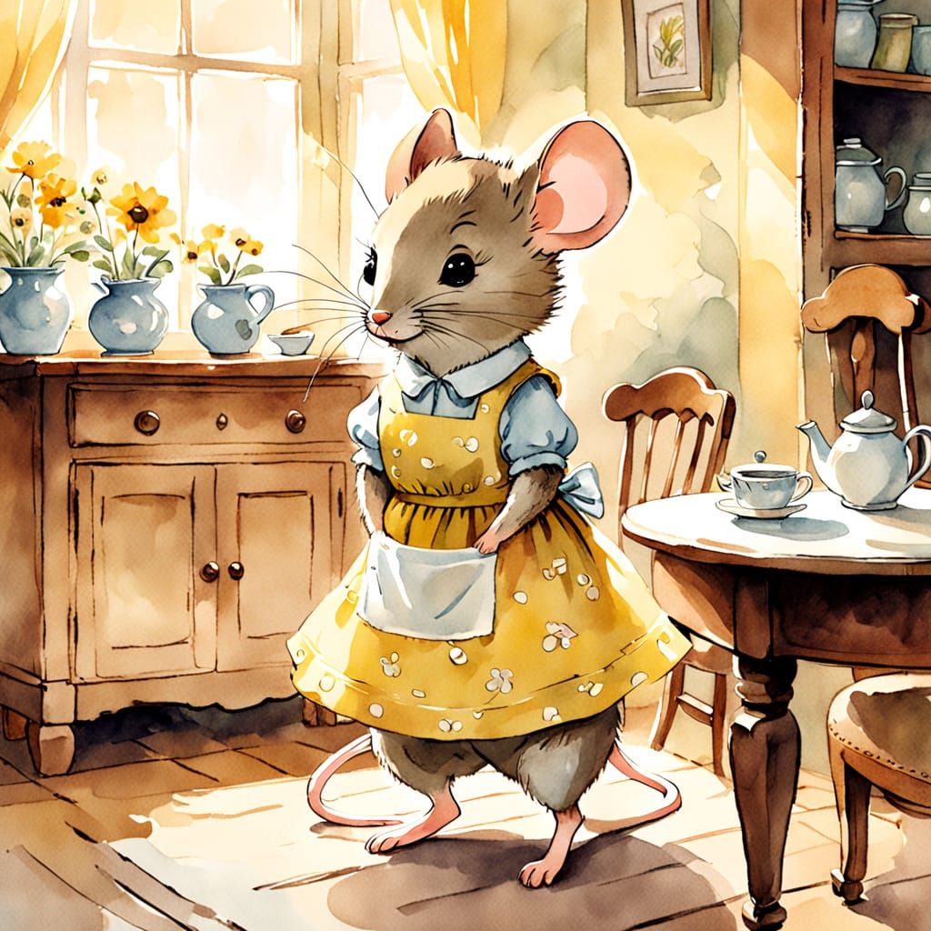 Whimsical Watercolor Mouse Cub in Cozy House