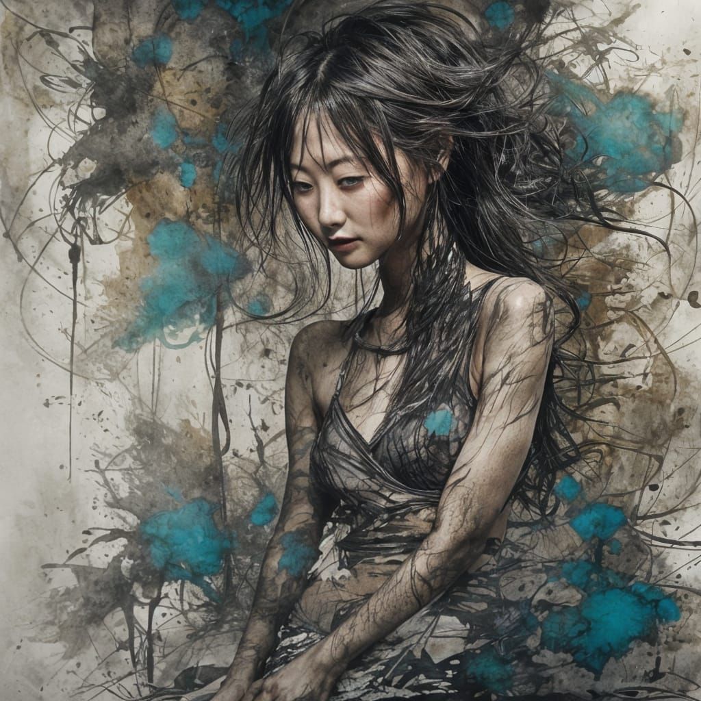 Beautiful Japanese Woman with Ink Splatter Effects