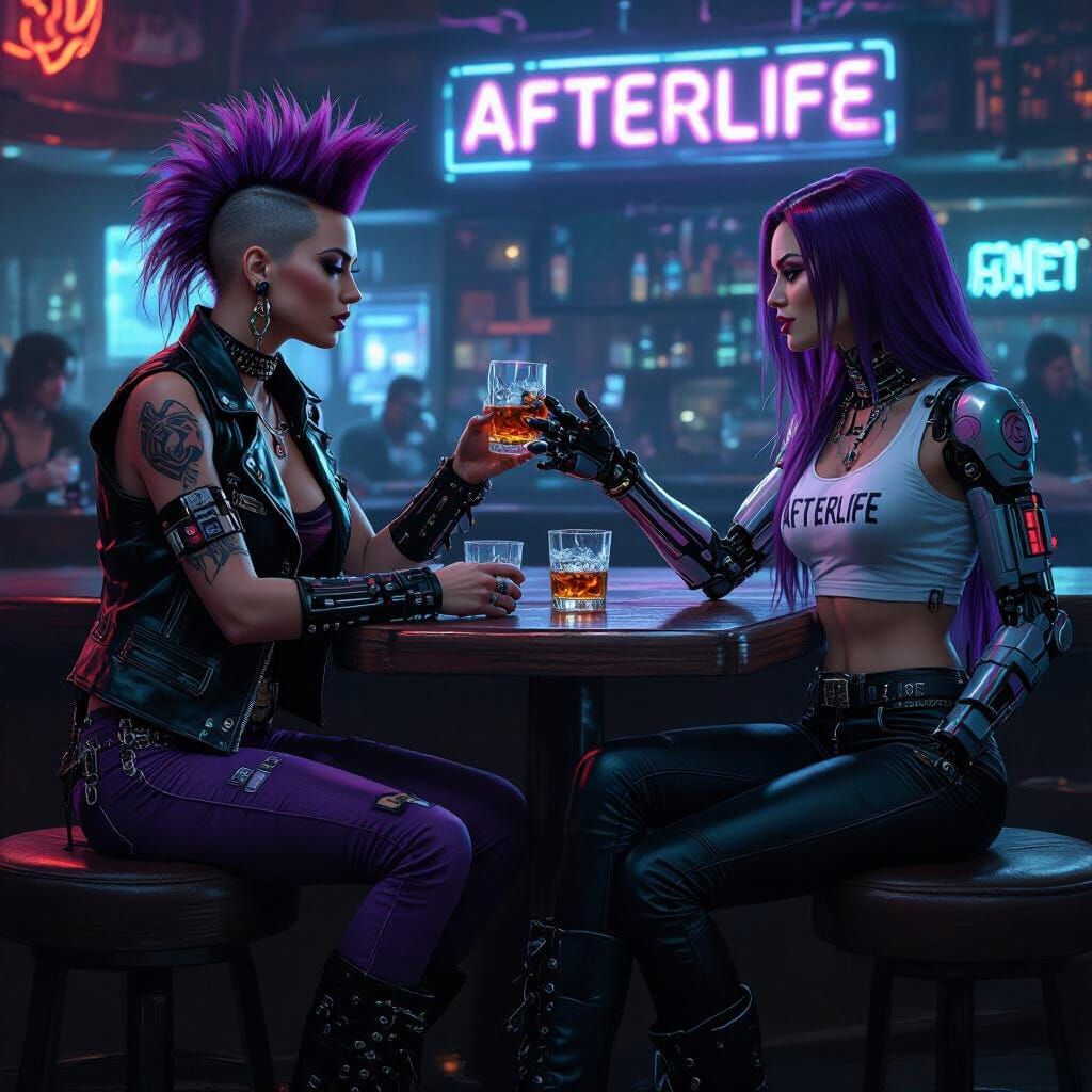 Cyberpunk Women at Afterlife Bar in Gritty Style