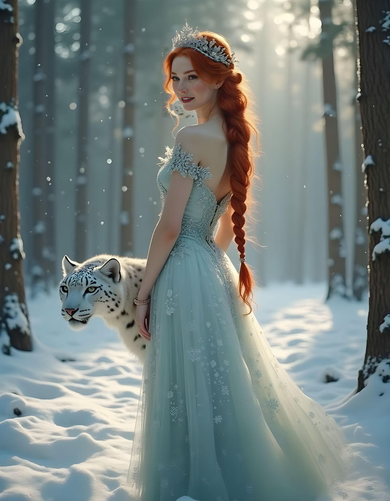 Woman and Snow Leopard in Art Nouveau Style