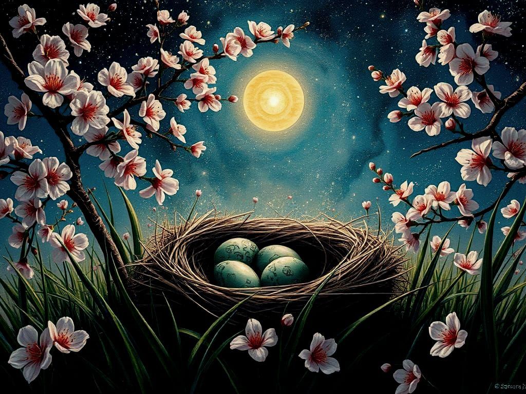 Cherry Blossom Garden with Pheasant Nest, Impasto Art