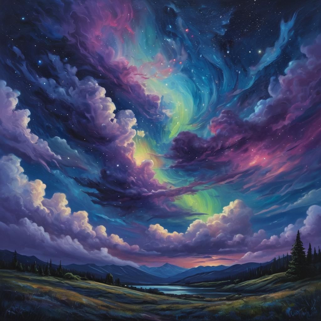 Tranquil Landscape Under a Vibrant Night Sky