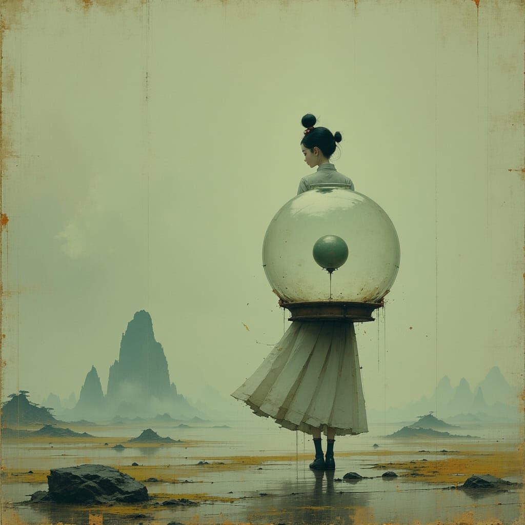 Surreal Chinese Girl with Egg in Desolate Landscape