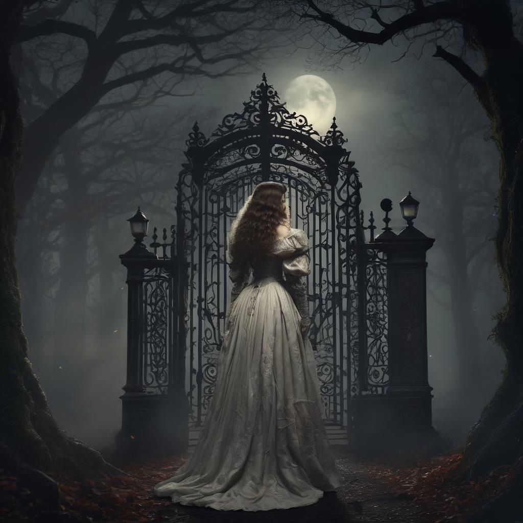 Victorian Woman in Foggy Forest Digital Painting