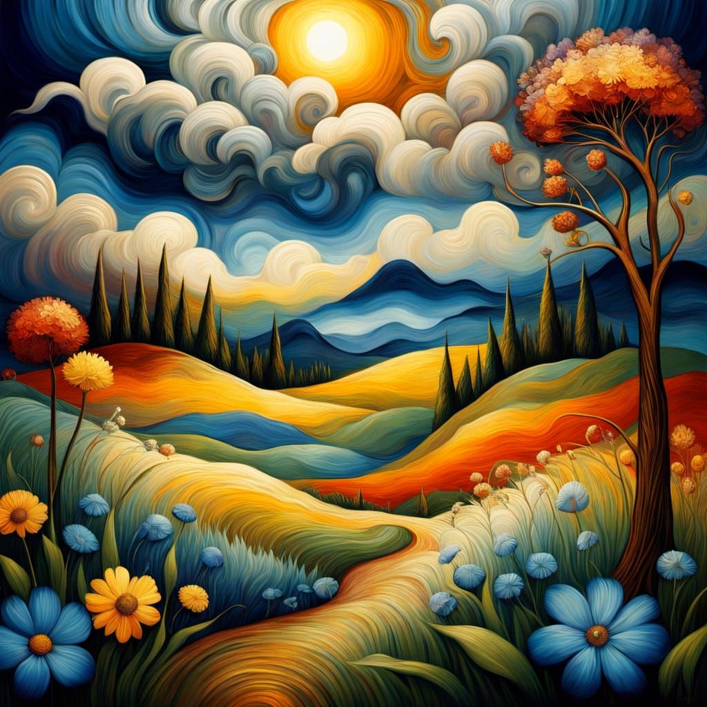 Surreal Summer Landscape with Intricate Wooden Carvings and ...