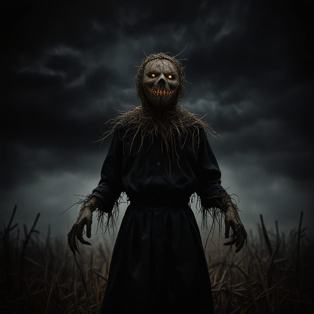Eerie Scarecrow in Dark Surrealism Oil Painting