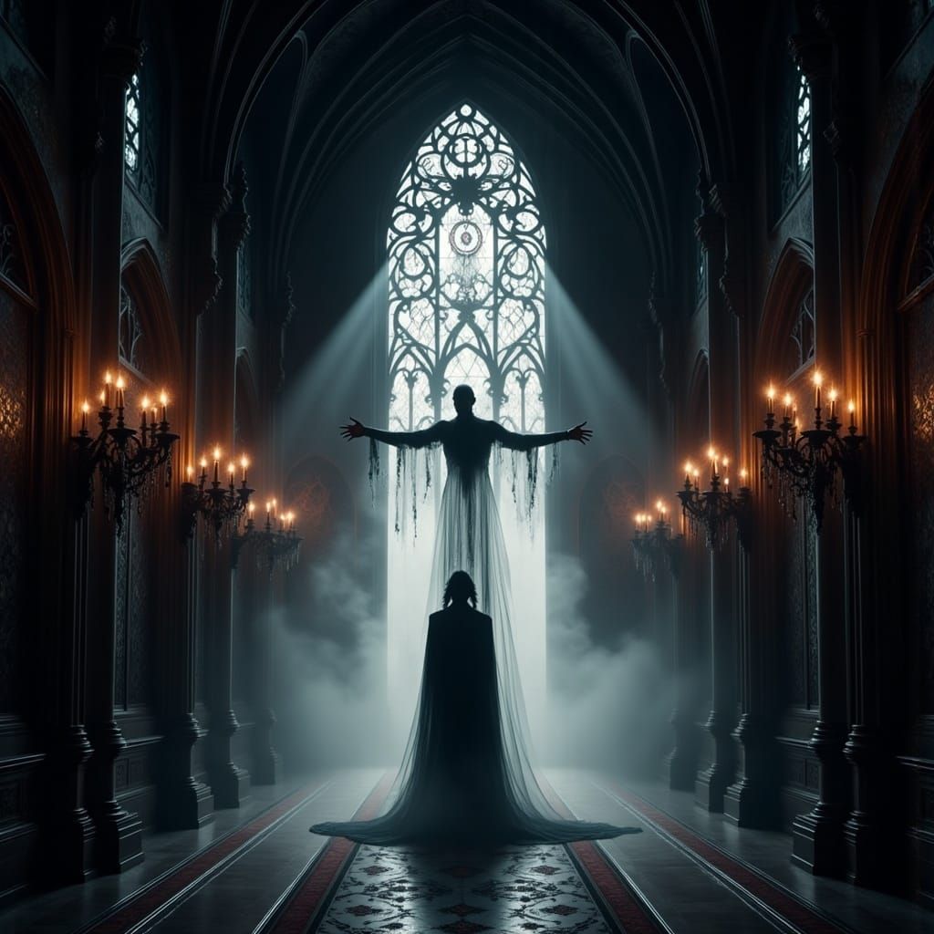 Ethereal Ghost in Dark Cathedral, Hyperrealistic HDR