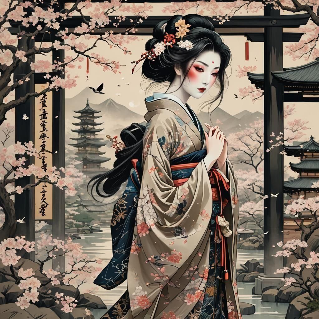 Beautiful Geisha in Kimono with Japanese Temple
