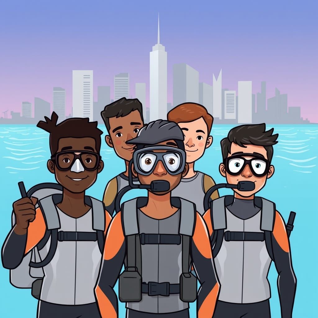 Cartoon Scuba Divers in a Diverse City