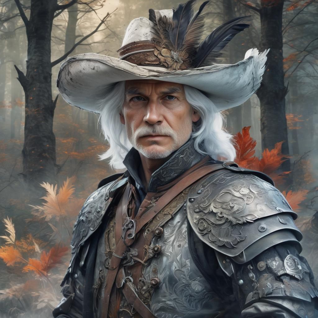 Detailed Portrait of White-Haired Musketeer in Digital Paint...
