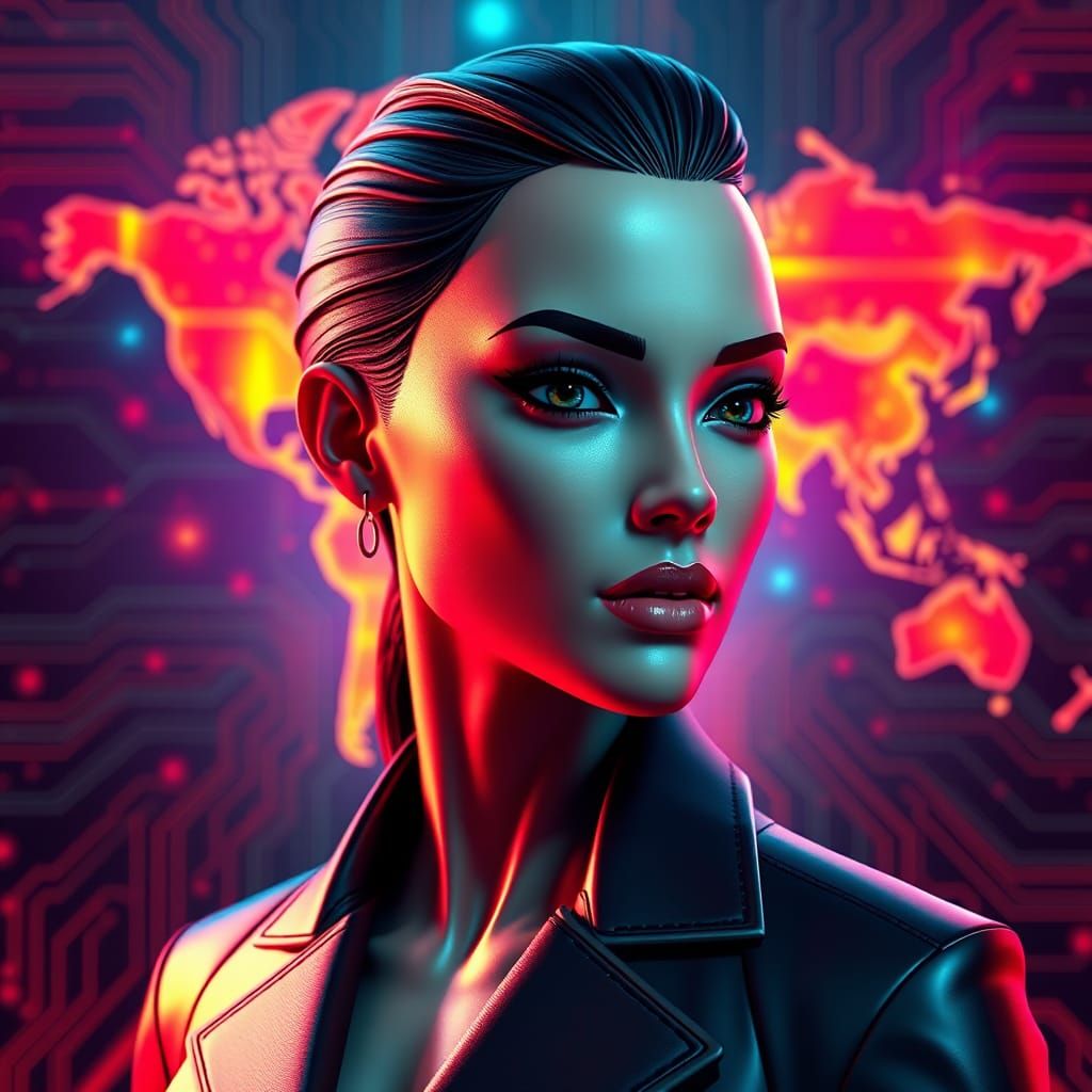 Futuristic Cyberfunk Female Figure Integrated with 7 Contine...