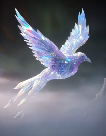 Ethereal Crystal Bird in Rainbow Aurora Sky