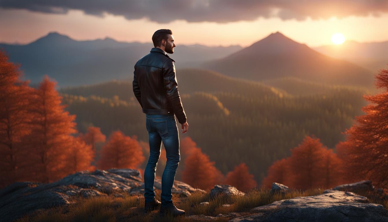 Hyperrealistic Man on Mountain at Sunset in 8k