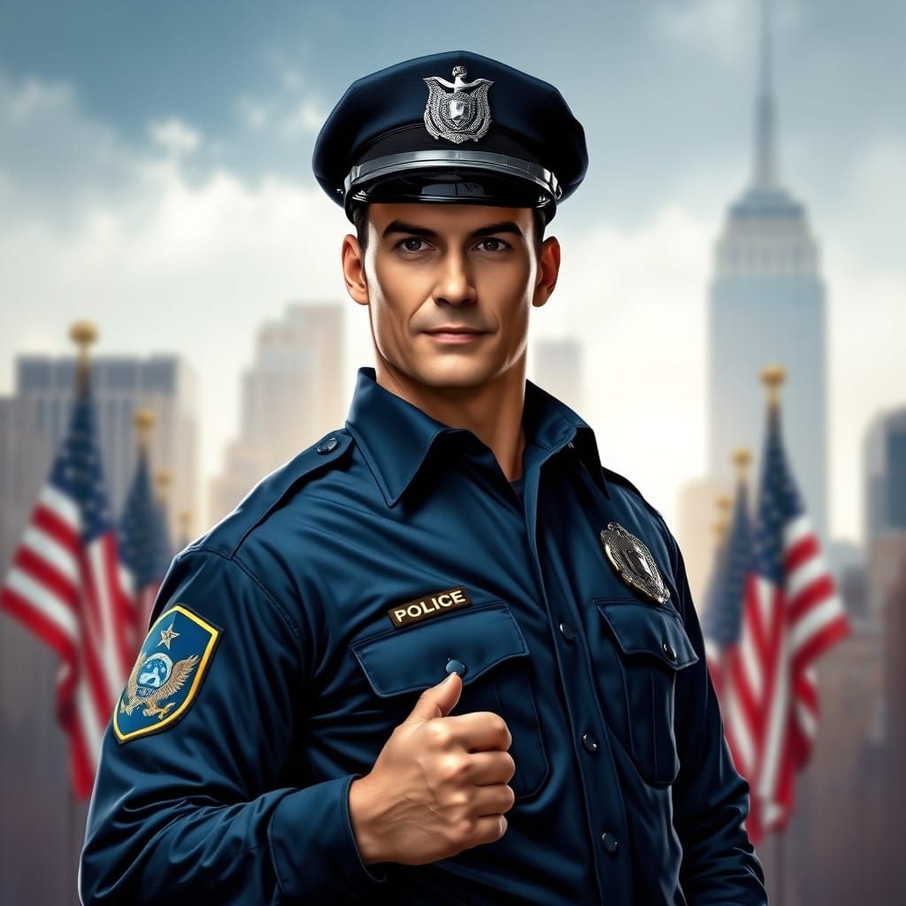 Confident Hero in Navy Blue Uniform, Set Against Patriotic S...