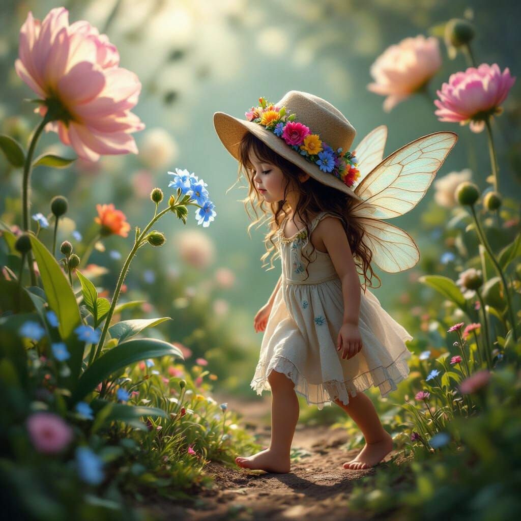 Cherubic Faerie Child Smells Giant Forget-Me-Not in Ethereal...