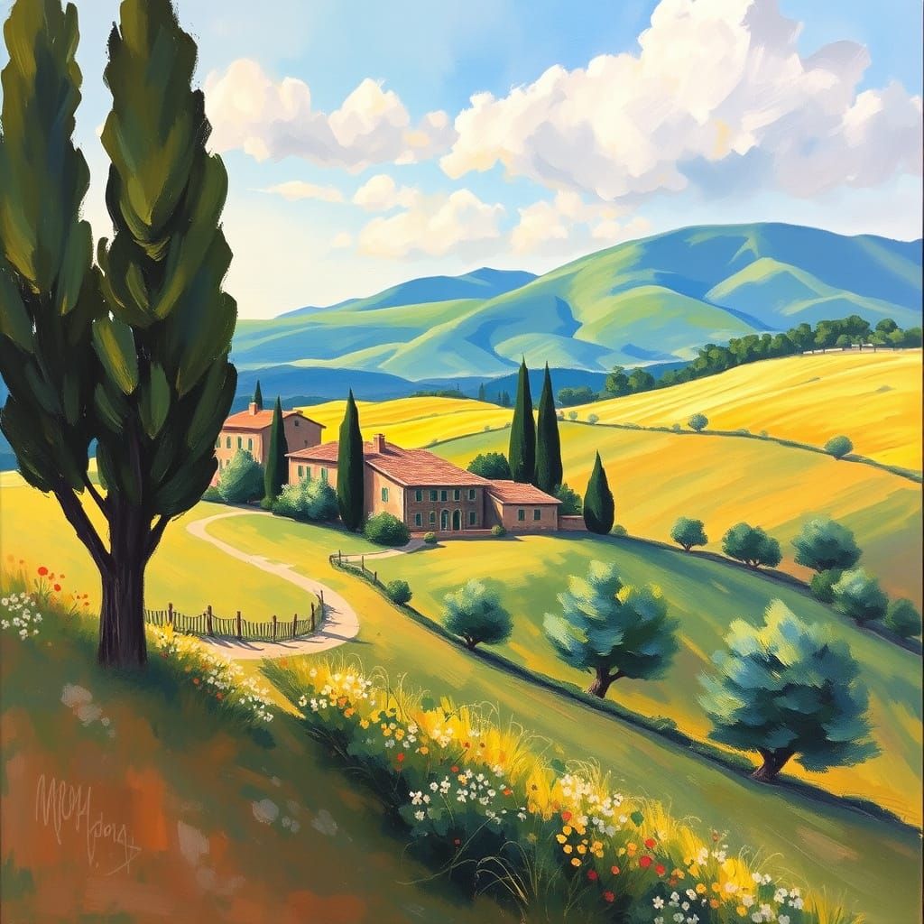 Tuscan Landscape in Warm Impressionist Style