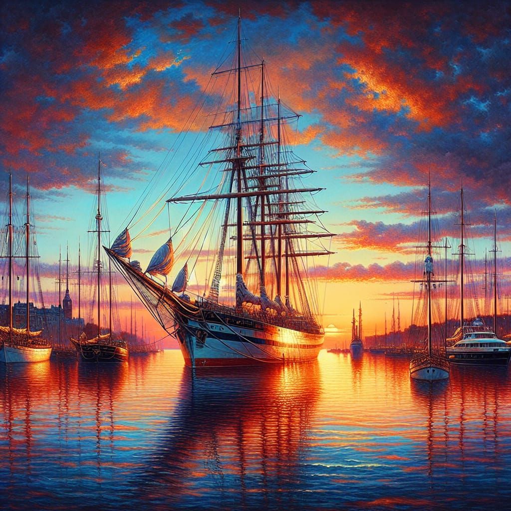 Peaceful Harbour Scene at Sunset with Sailboat and Luxury Ya...