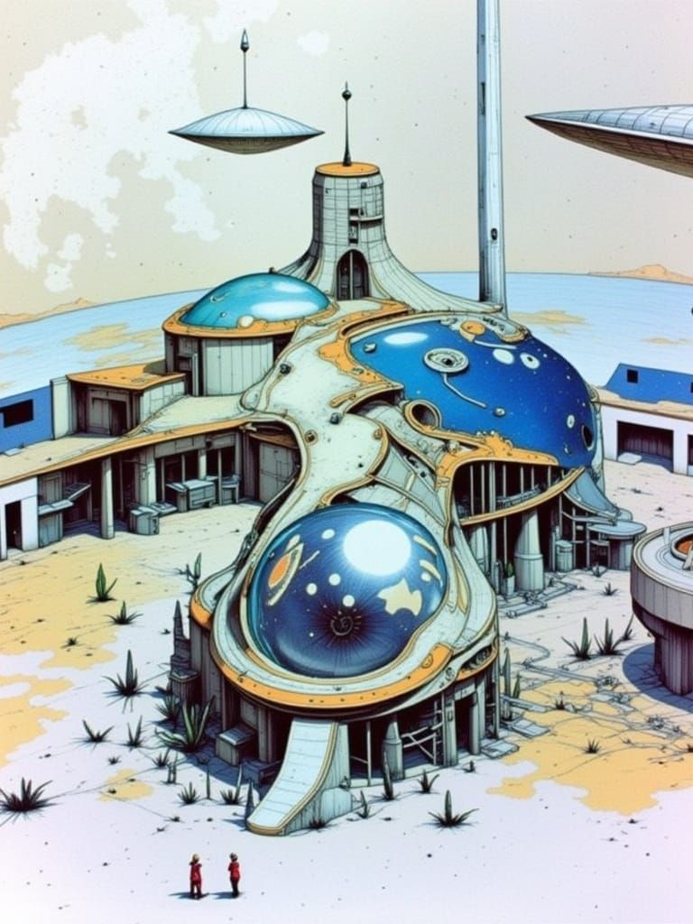 Sci Fi Desert Frontier Station with Brutalist Architecture