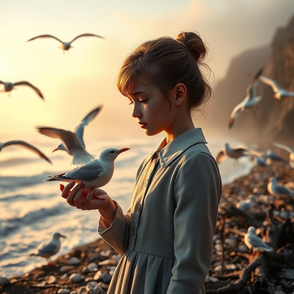 Girl Feeds Seagulls on Misty Coast: Fantasy Art