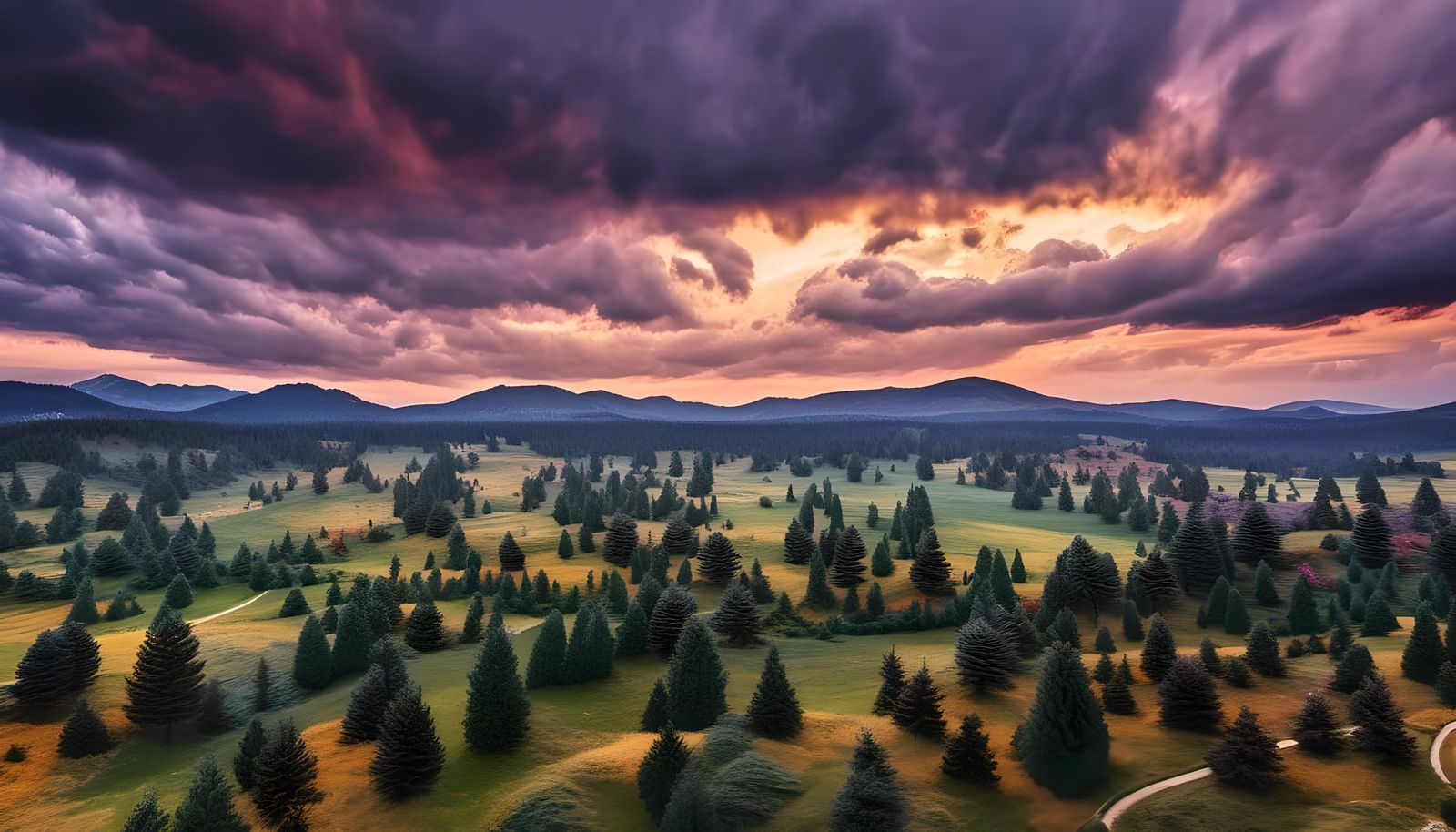 Purple Nature Scene with Dynamic Lighting in Hyperrealism