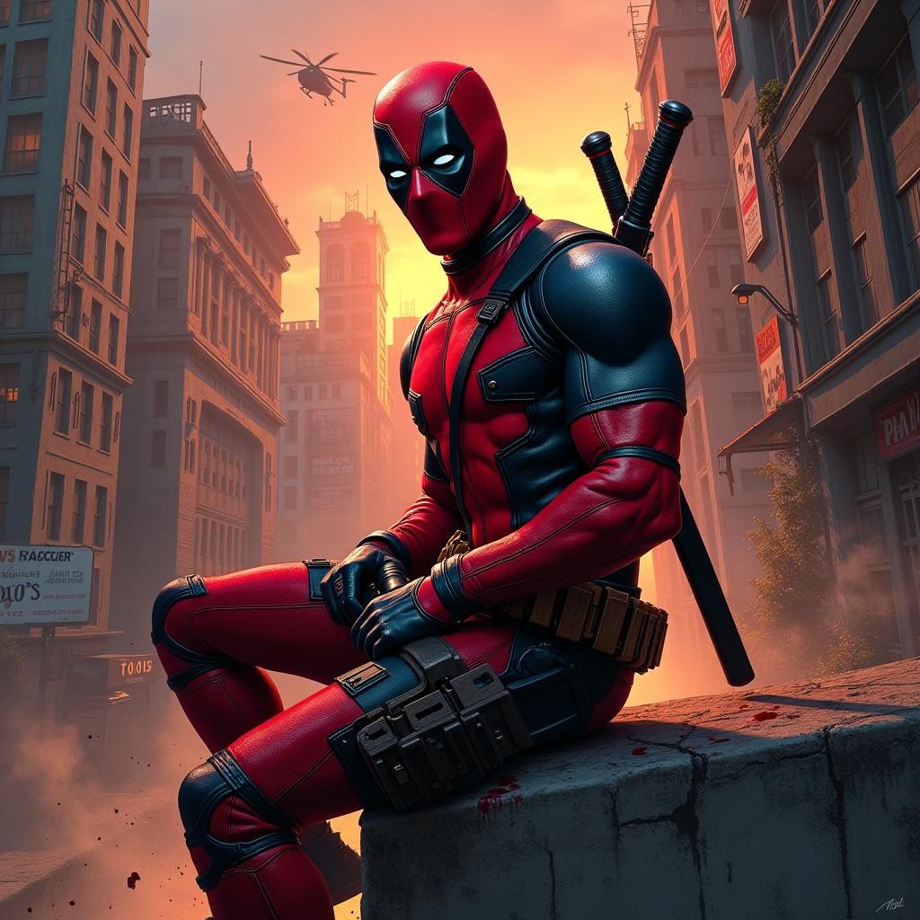 Deadpool on Rooftop at Sunset, Ready for Action