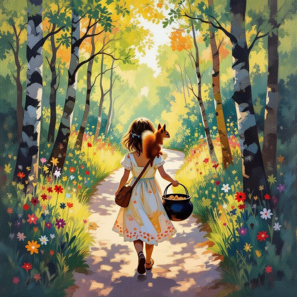 Girl in Forest with Squirrel, Abstract Art Style