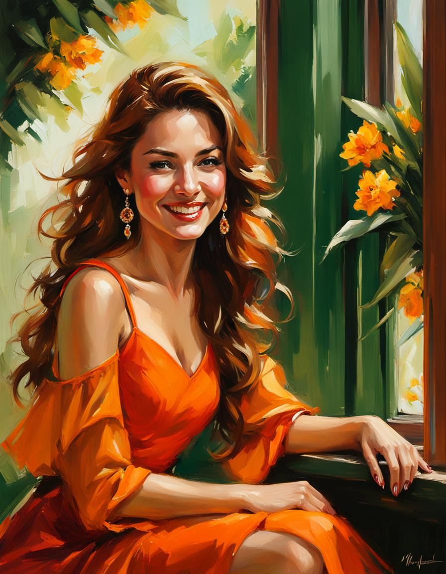 a woman is in orange dress sitting in front of her window, g...
