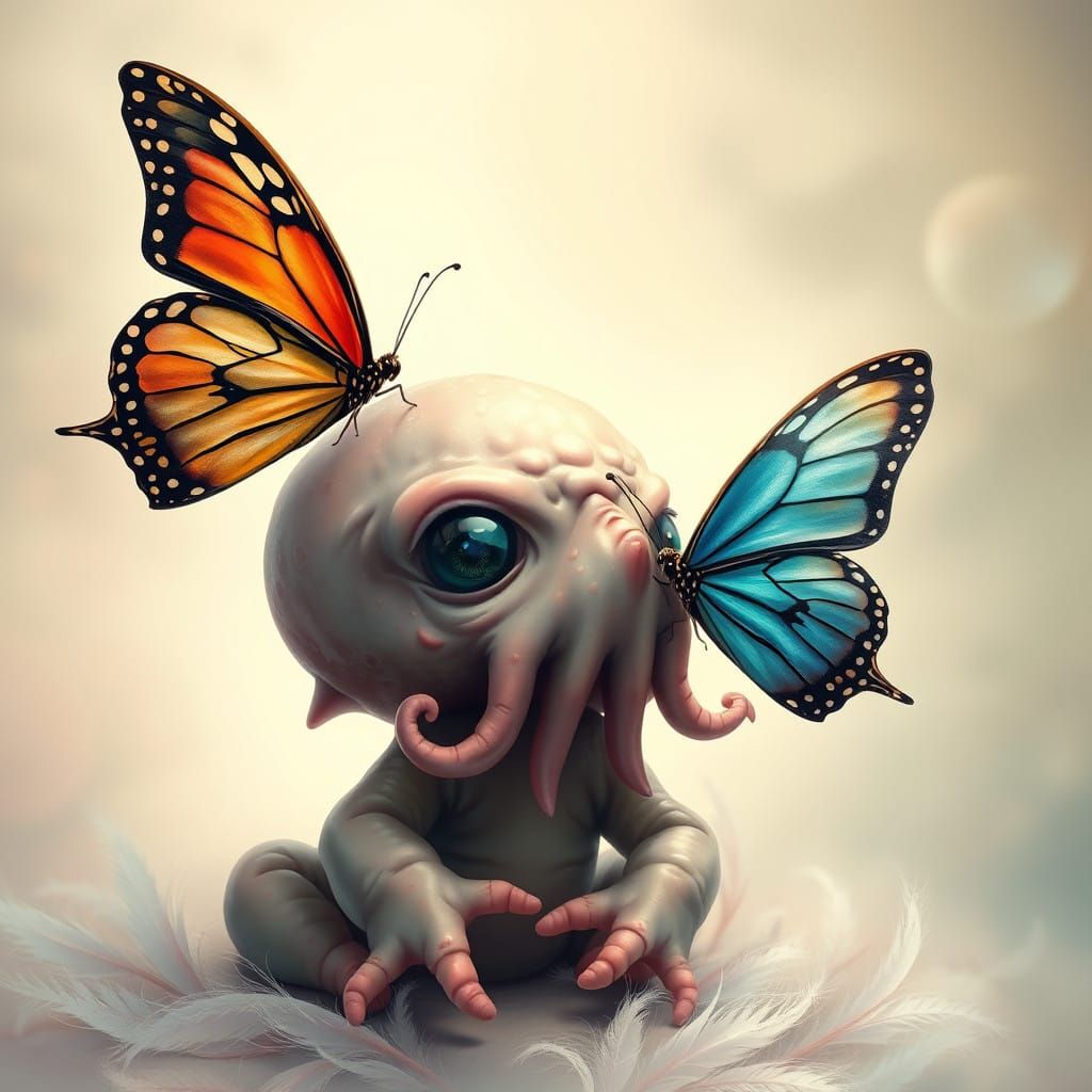 Baby Cthulhu Captivated by Butterfly in Whimsical Scene