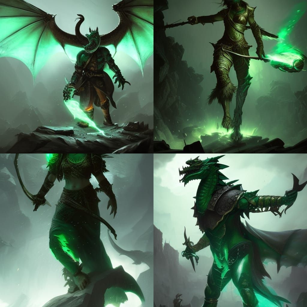 Emerald Dragonborn with Flute in Dark Fantasy Style