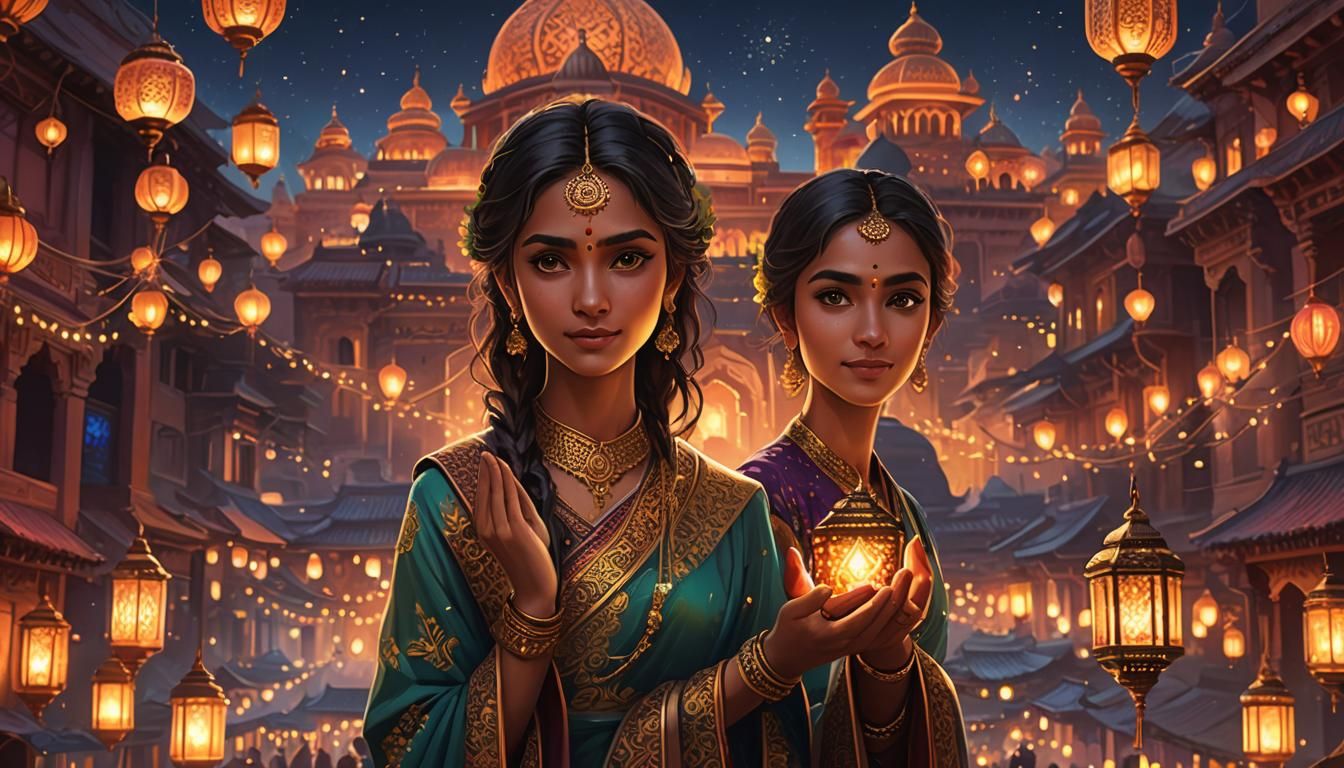 Diwali Lights Concept Art: Woman in Cityscape