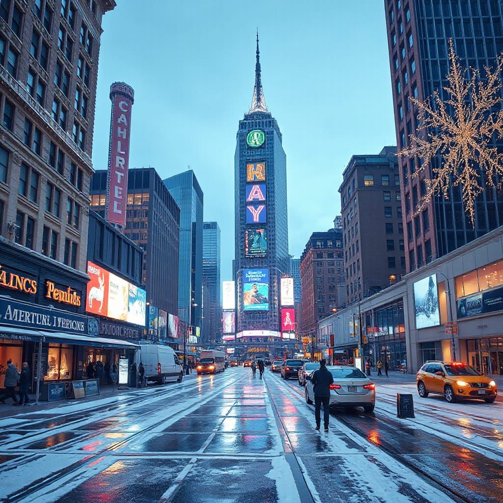 Winter City Square with Neon Lights