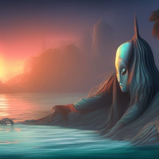 Hooded Alien on Tropical Beach at Sunset