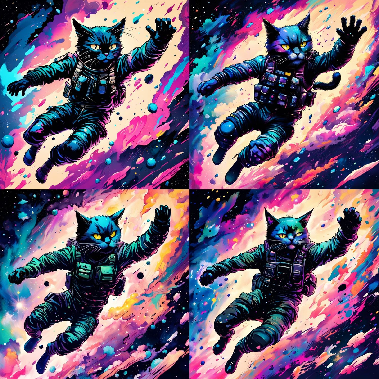 Anime Soldier Cat Free Falling in Nebula