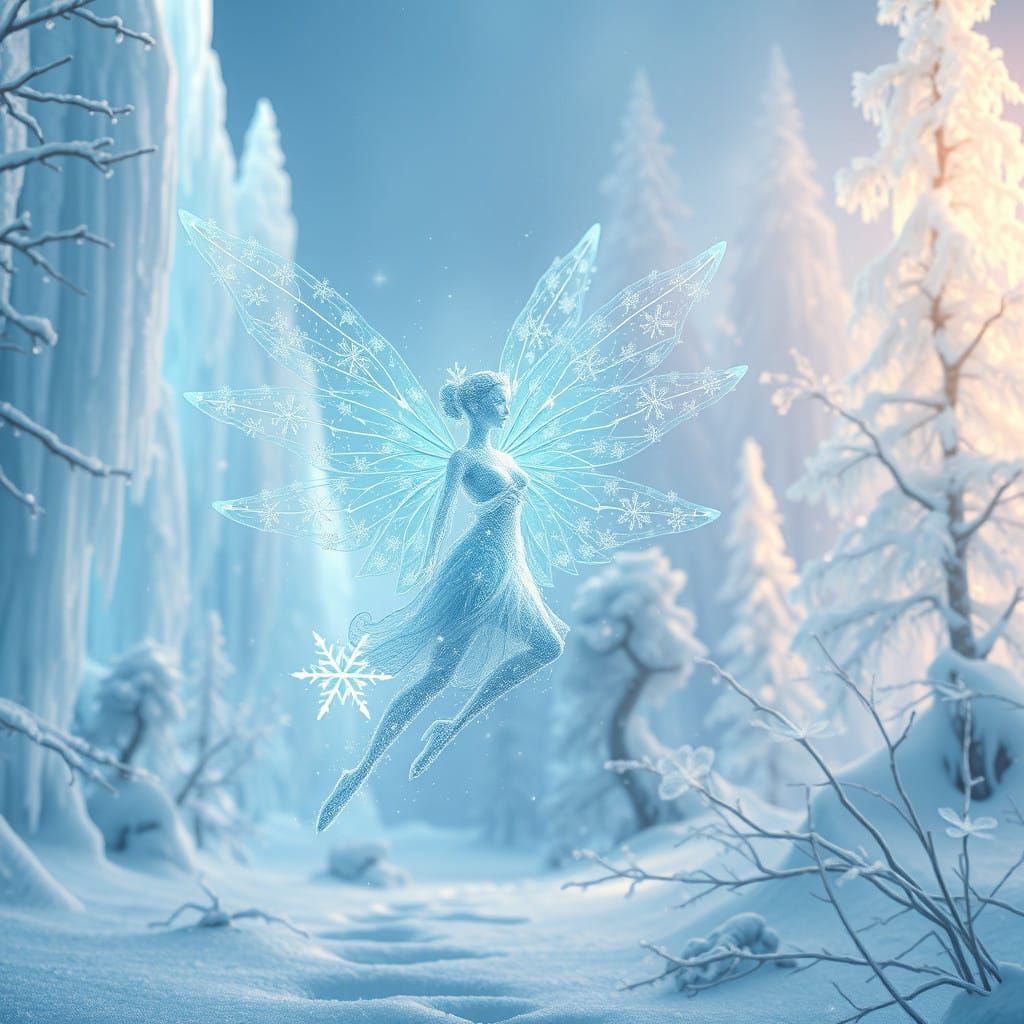 Ethereal Winter Fairy in a Dreamlike Snowy Landscape