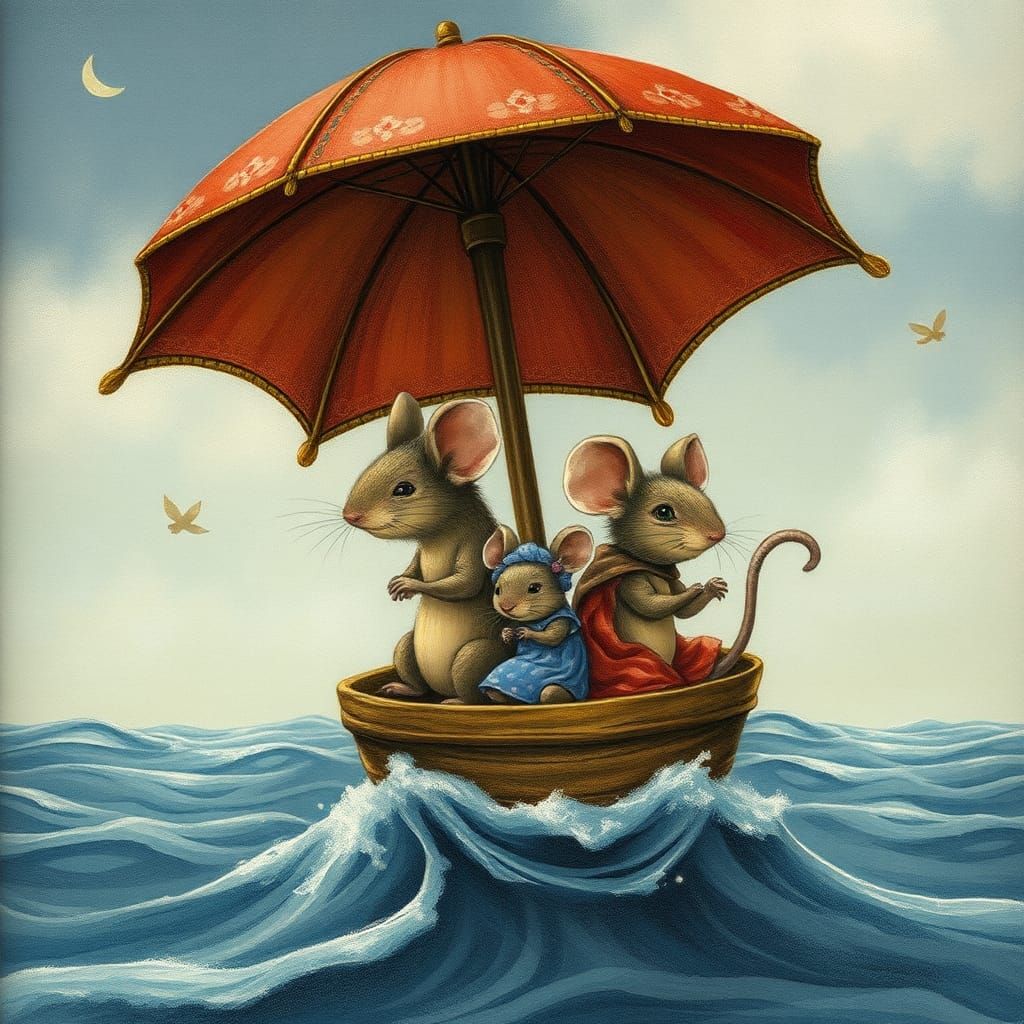 Mouse Family's Umbrella Boat Adventure