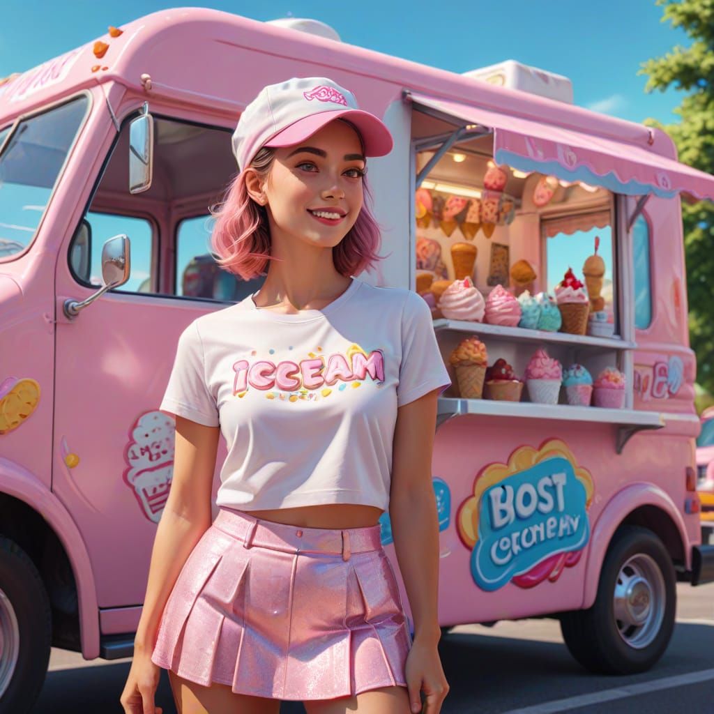 Woman at Ice Cream Truck in Digital Art Style