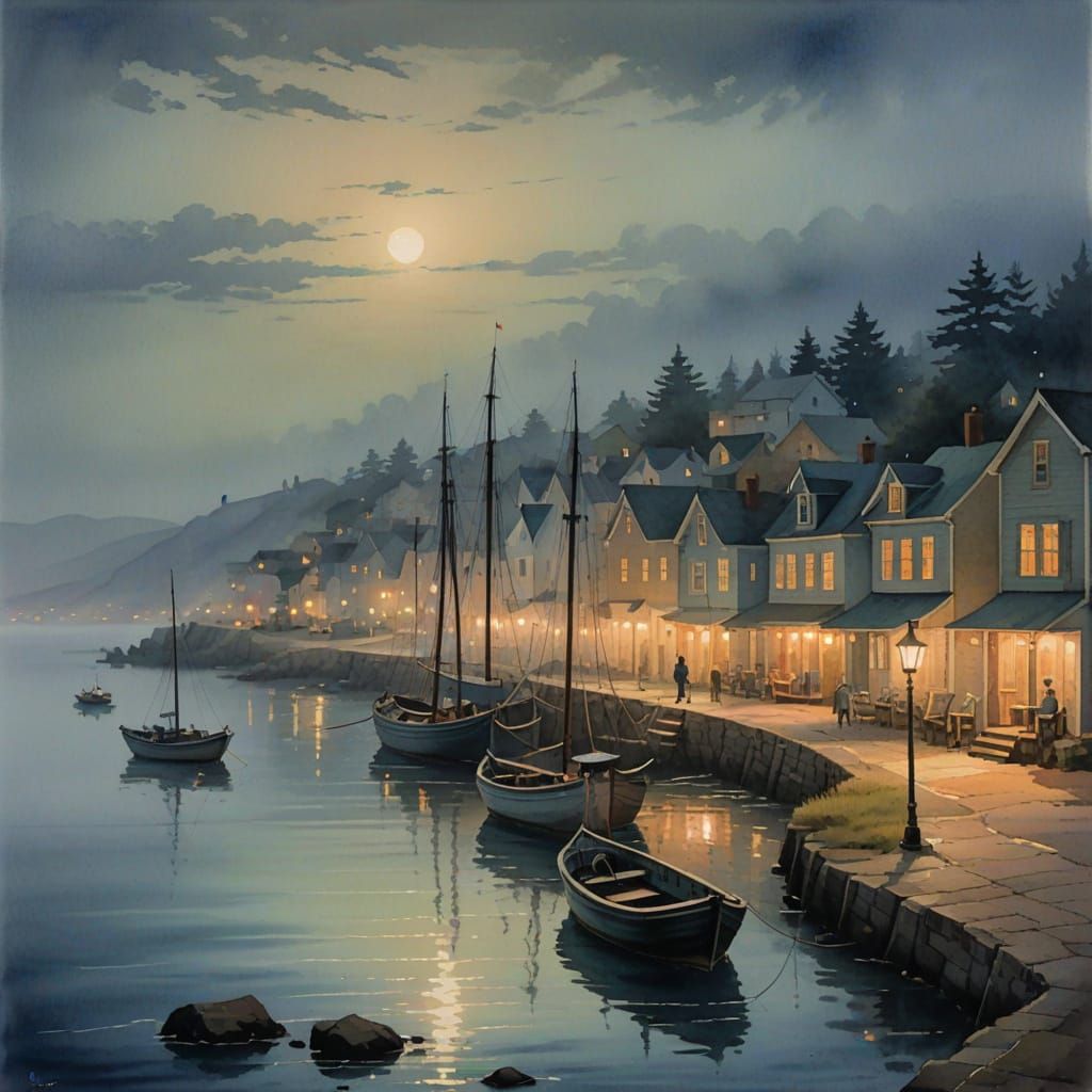 Serene Coastal Town at Twilight in Watercolor Style