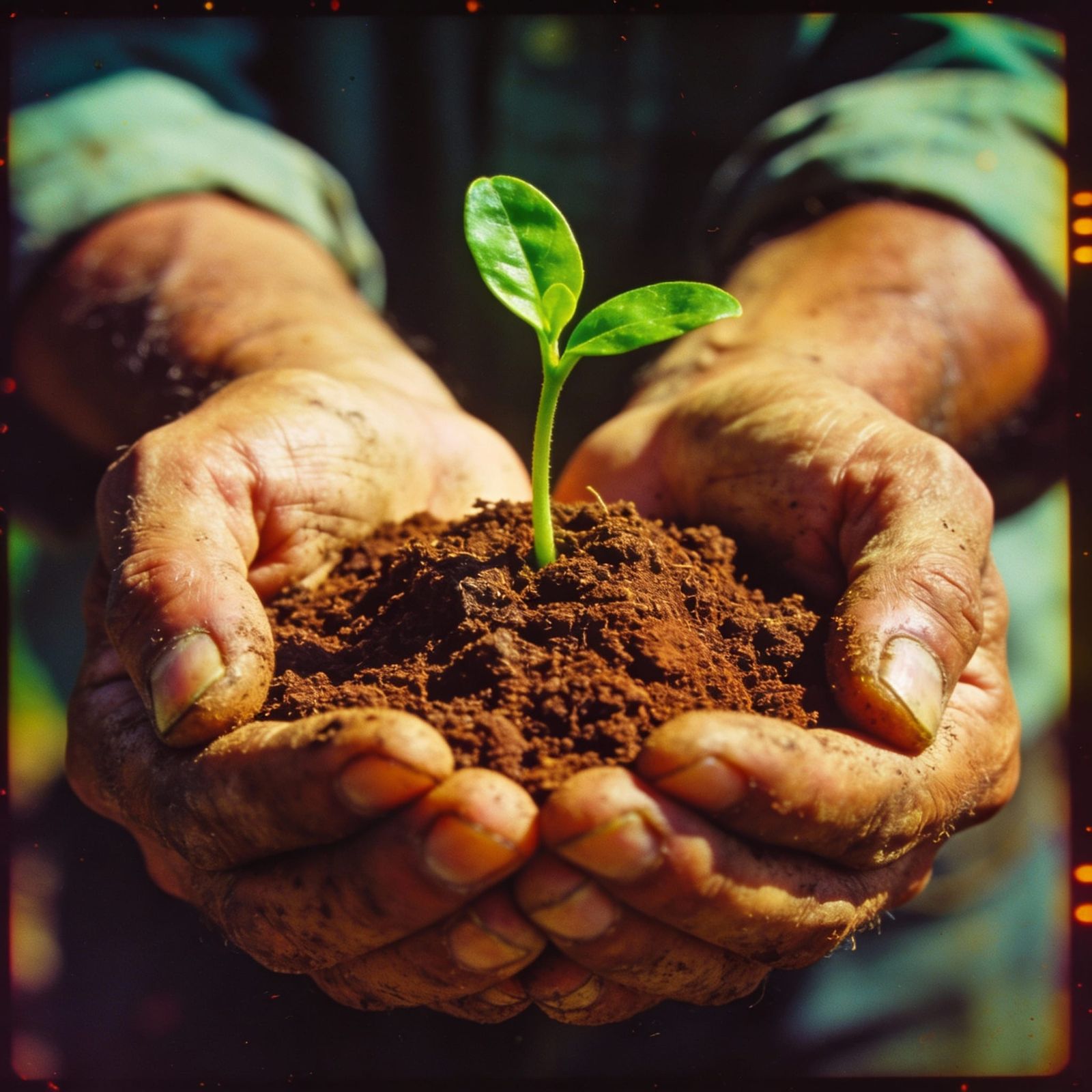 Weathered Hands Nurture New Life in Cinematic Film Still