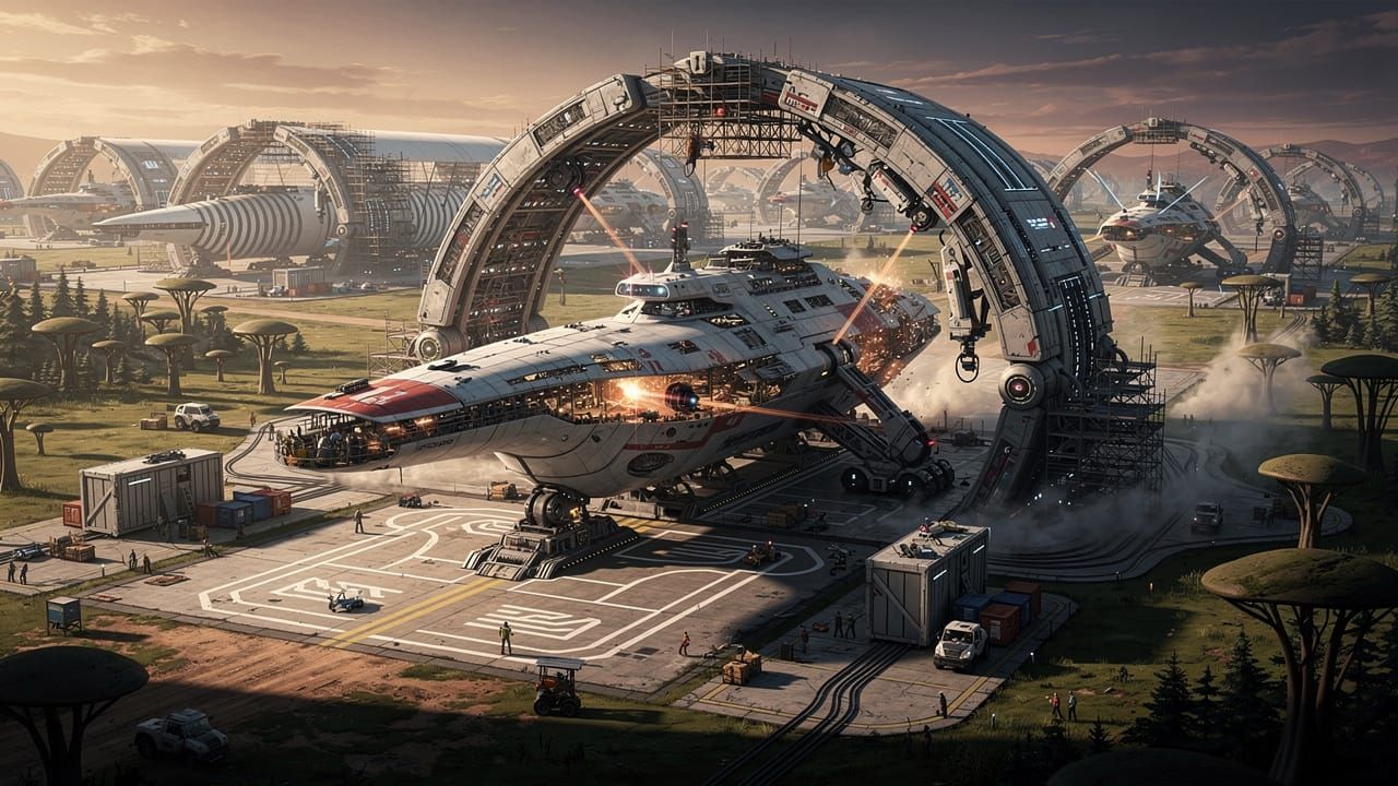 Colossal Spaceship Building Yard on Grassy Planet