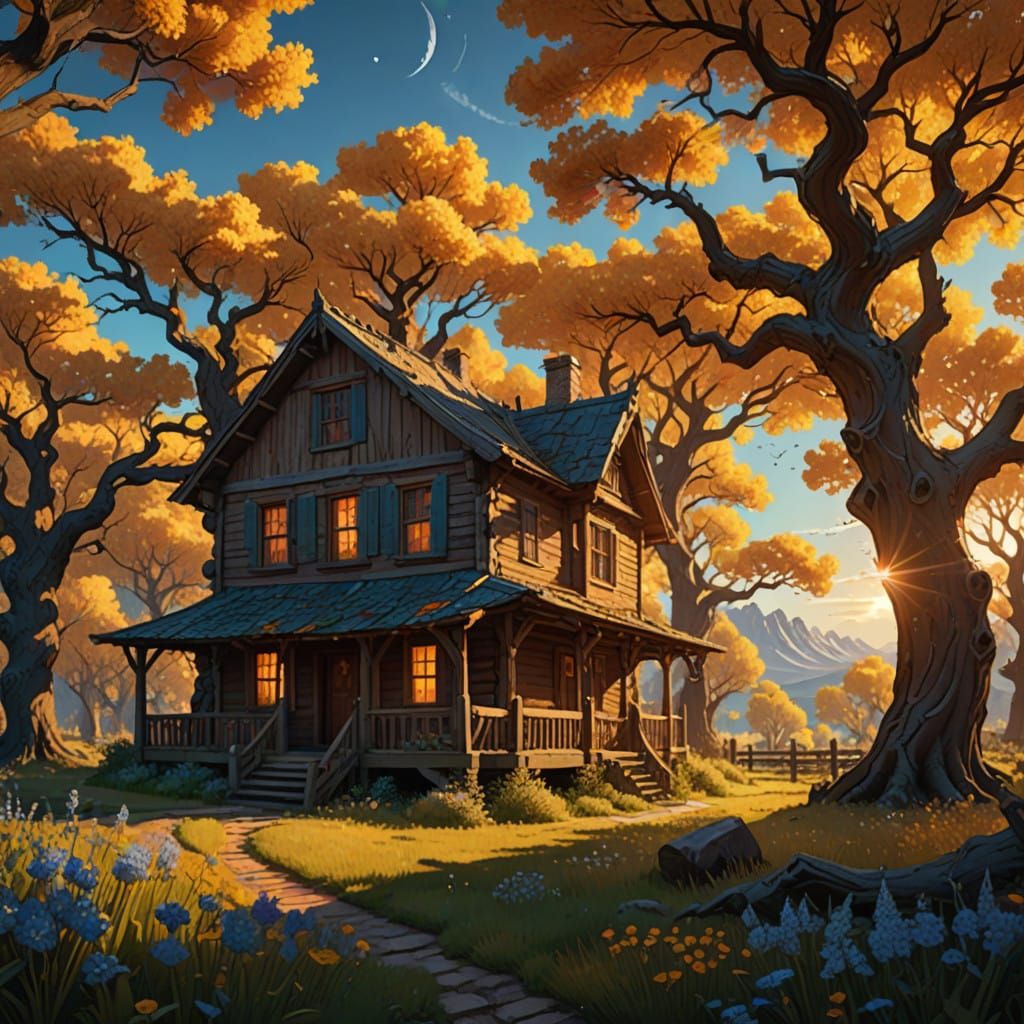 Whimsical Cabin Scene with Vibrant Wildflowers and Cinematic...